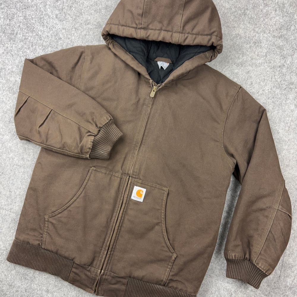 Carhartt Active Jacket Kids Large Brown Quilted Lined Canvas Hooded Work Coat